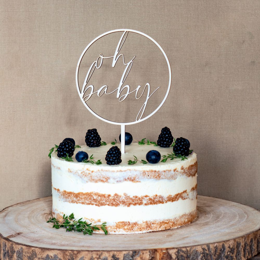 Caketopper hout cirkel oh baby taarttopper