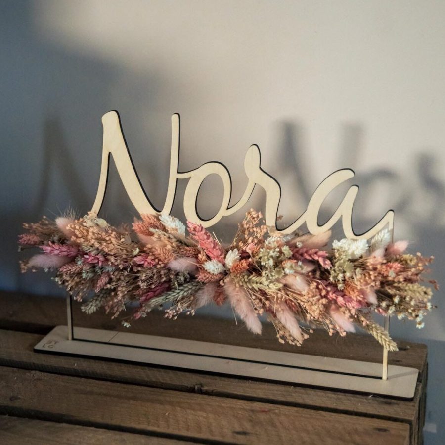houten naam voetje droogbloemen