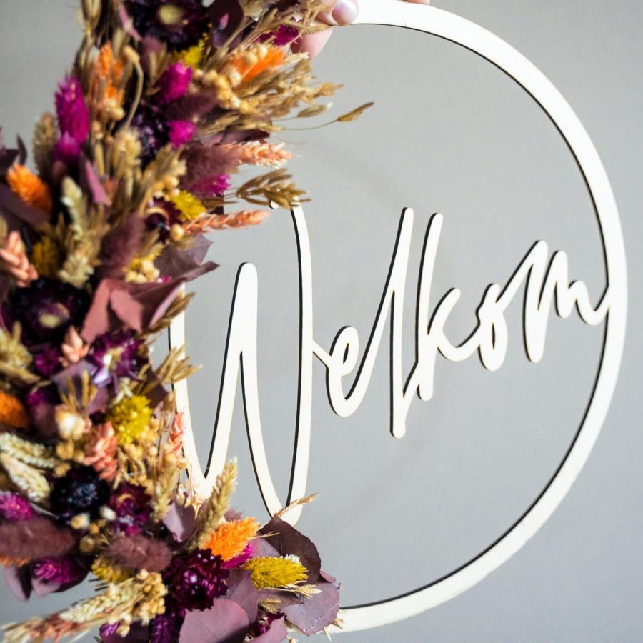 Naamcirkel flowerhoop droogbloemen hout naamhoepel droogbloemenkrans