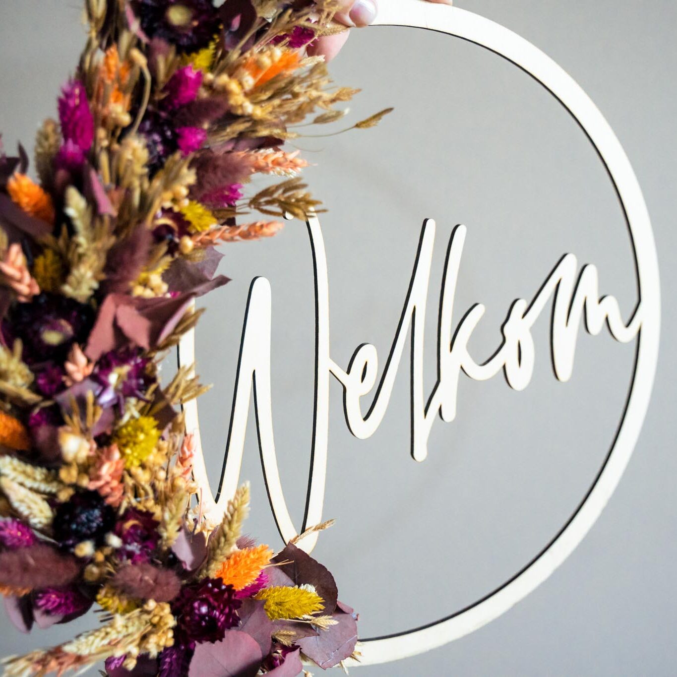 Naamcirkel flowerhoop droogbloemen hout naamhoepel droogbloemenkrans