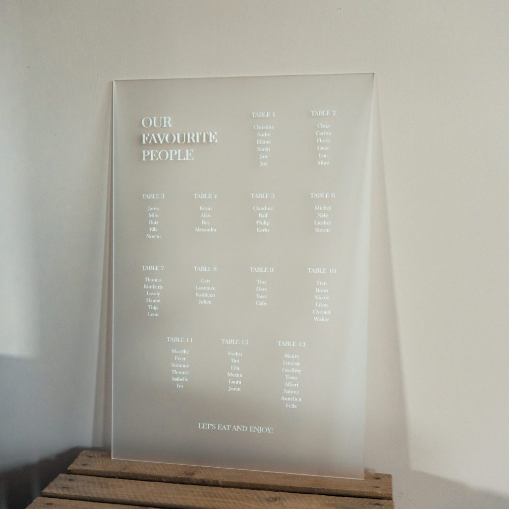 Huwelijk decoratie plexi 3D tafelschikking seating plan trouw